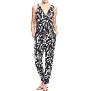 GAP Hawaiian Tropical Floral Print Elastic Drop Waist Tie Jumpsuit Pockets XS